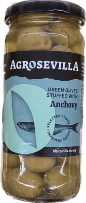 Agro Sevilla grænar ólífur fylltar með ansjósumauki í saltlegi 235 g