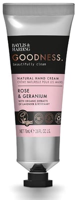 Baylis & Harding Goodness  collectionRose & Geranium luxury Hand Cream is packed to the brim with a 98% naturally derived formulation consisting of organic extracts and essential oils which each have their own wellbeing benefits.