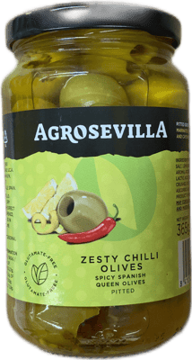 AgroSevilla bragðsterkar chilí steinlausar grænar Queen-ólífur 365 g