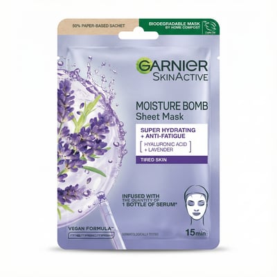 Garnier SkinActive Moisture Bomb ofurrakagefandi andlitsmaski í lakformi gegn þreytumerkjum með hýalúrónsýru + lavender 28 g