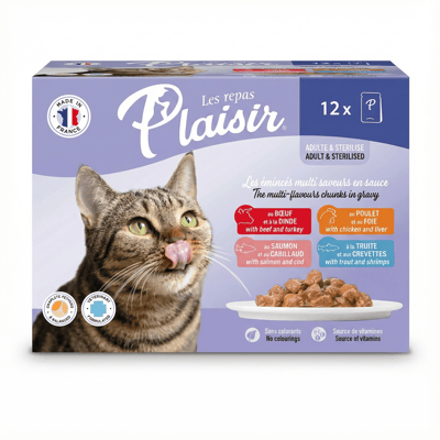 Plaisir Les Repas kattamatur fyrir fullorðna og geldketti, fjölbragða bitar í sósu, 1200 g
