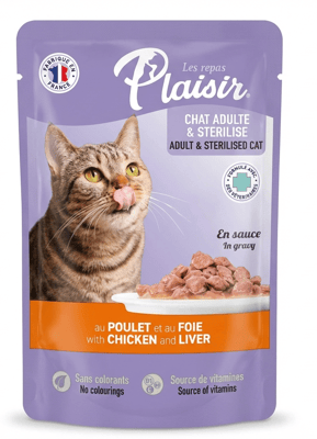 Les Repas Plaisir fyrir geldar fullorðnar kettir, kjúklingur og lifur í sósu 100 g