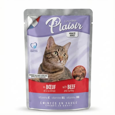 Plaisir bitar í sósu fyrir geldan kött með nautakjöti og kalkún, 100 g