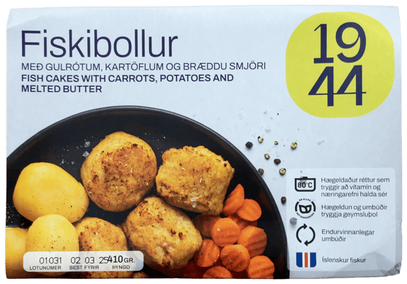 9144 Fiskibollur með gulrótum, kartöflum og bræddu smjöri 410 g
