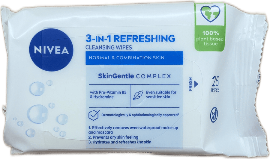 Nivea 3-í-1 frískandi hreinsiklútar fyrir venjulega og blandaða húð, 25 stk