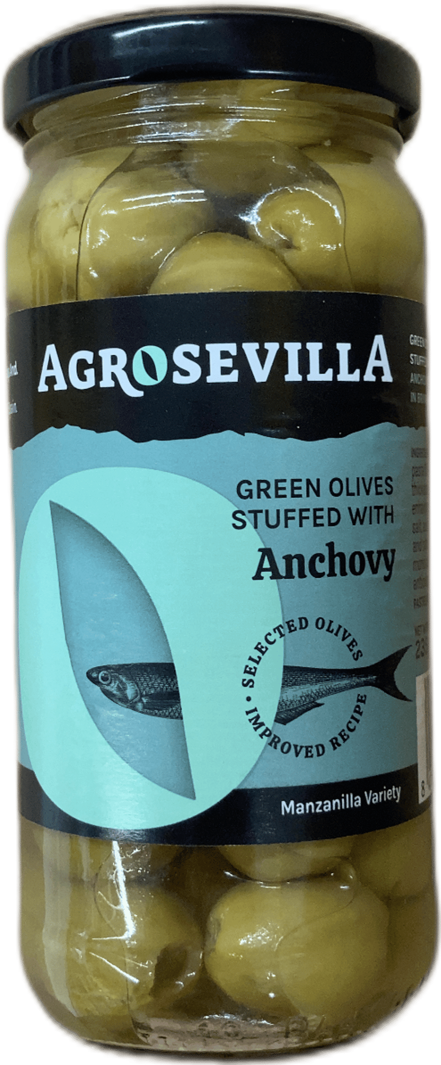 Agro Sevilla grænar ólífur fylltar með ansjósumauki í saltlegi 235 g