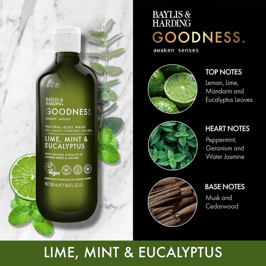 Baylis & Harding Goodness Awaken Lime, Mint & Eucalyptus bað og sturtusápa 500 ml