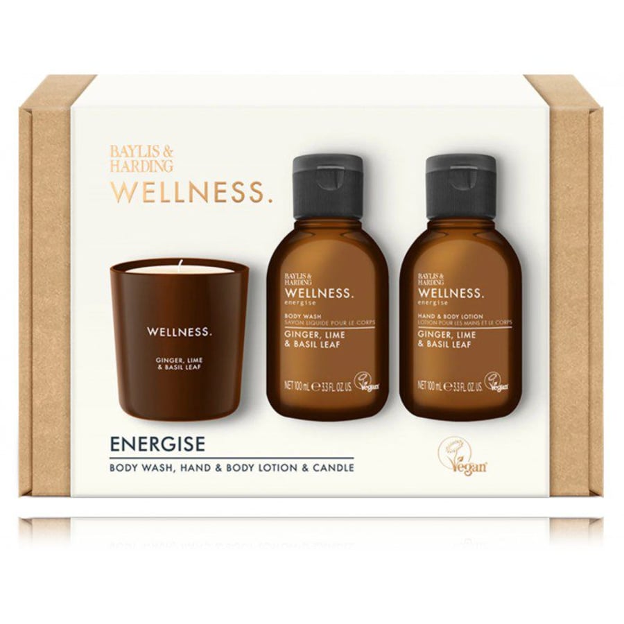 Baylis & Harding Wellness Herra Energize Gjafasett Ginger & Lime  Sturtusápu 100 ml, Body Lotion 10 ml og Ginger, Lime & Basil ilmkerti