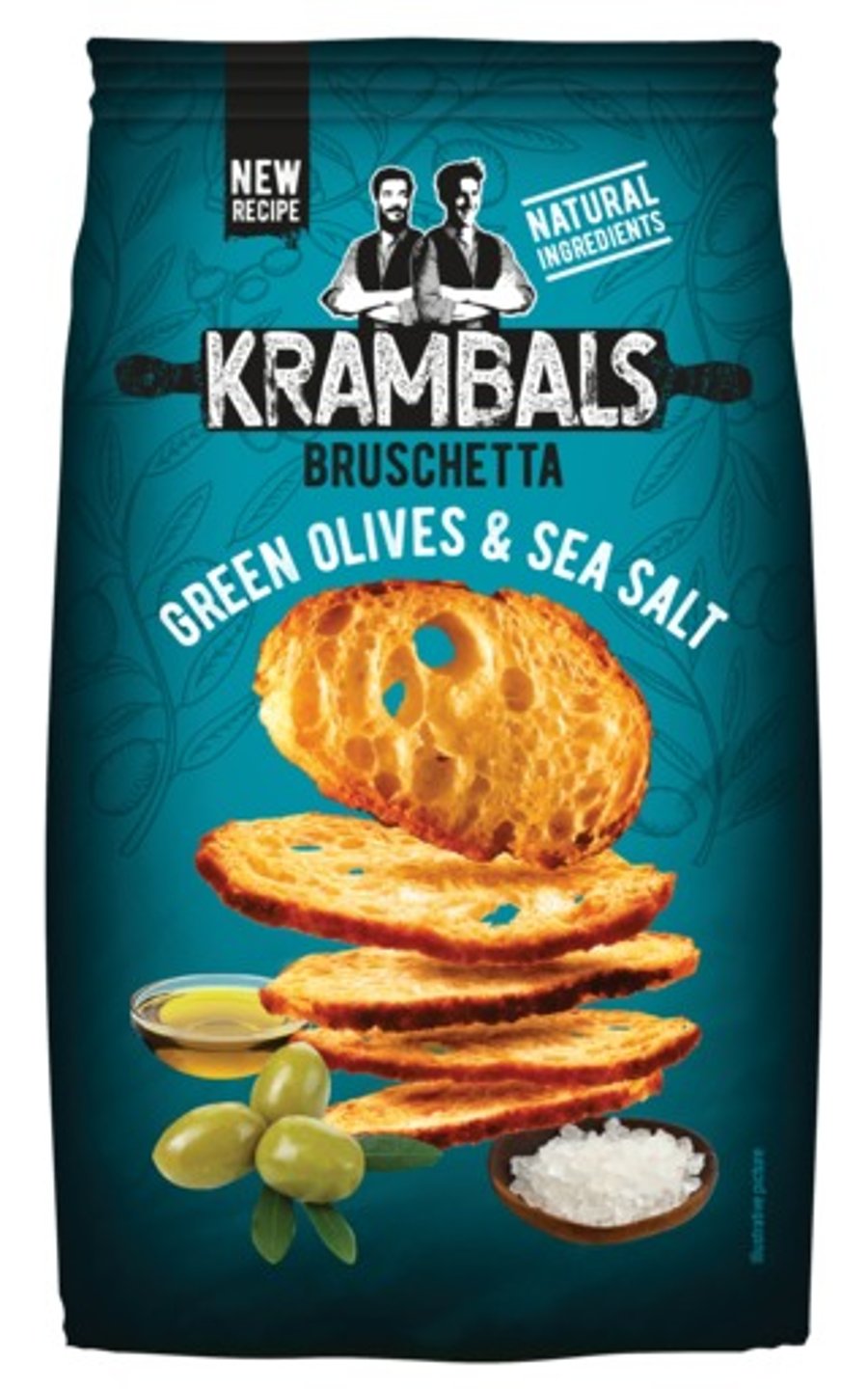 Krambals Bruschetta með grænum ólífum og sjávarsalti
