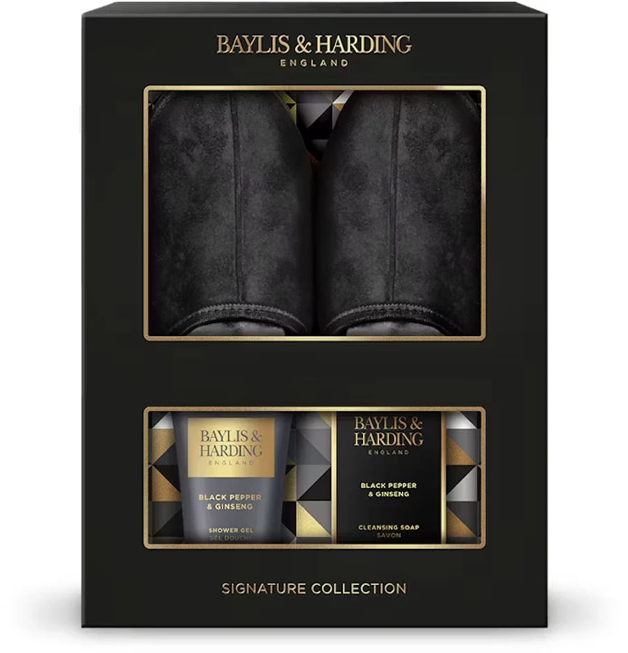 Baylis & Harding Signature Herra Gjafasett sem inniheldur Black Pepper & Ginseng  Sturtusápu 140 ml, 100 gr sápustykki & inniskór 40-44