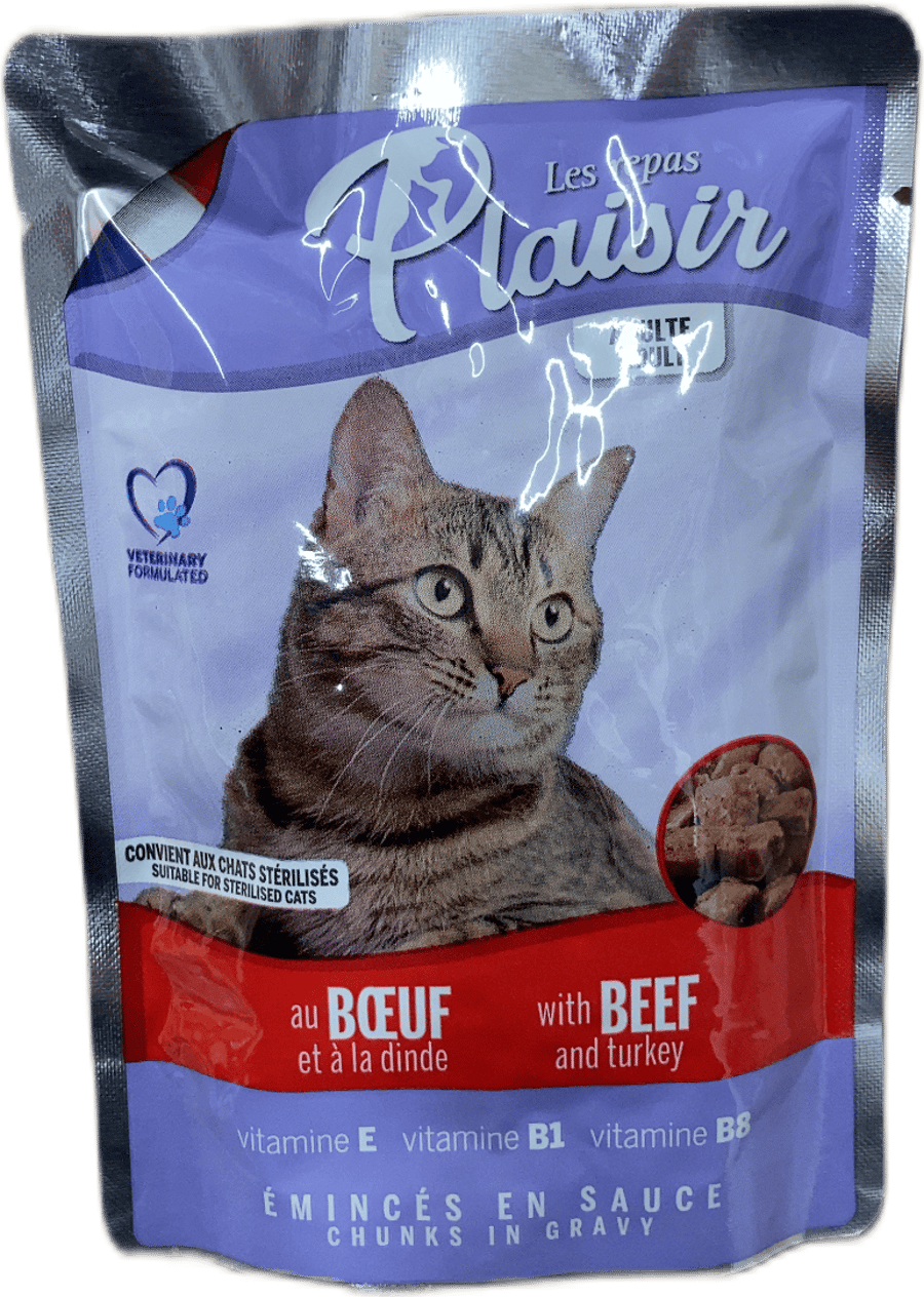 Plaisir bitar í sósu fyrir geldan kött með nautakjöti og kalkún, 100 g
