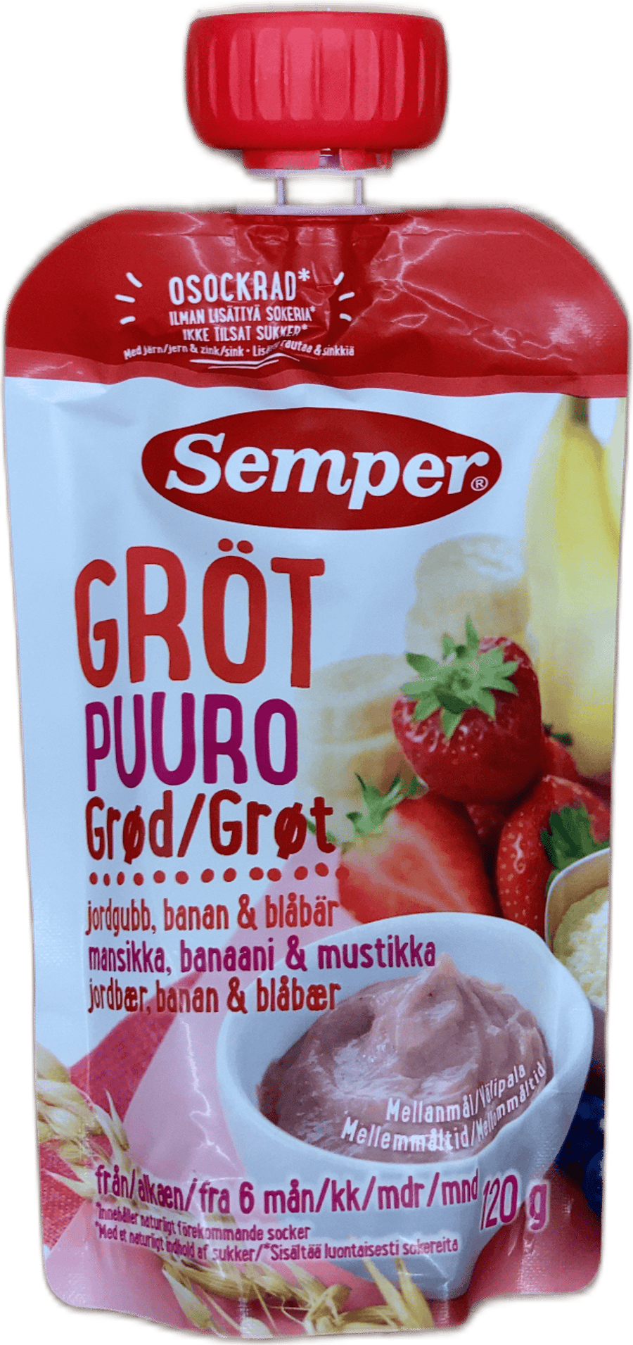 Semper grautur með jarðarberjum, banana og bláberjum 120 g