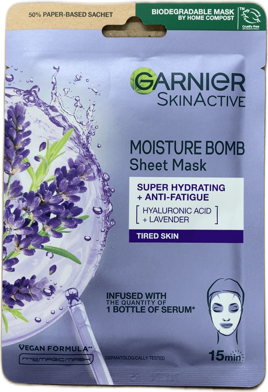 Garnier SkinActive Moisture Bomb ofurrakagefandi andlitsmaski í lakformi gegn þreytumerkjum með hýalúrónsýru + lavender 28 g