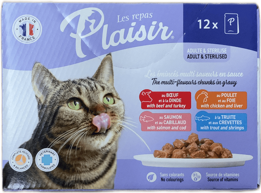 Plaisir Les Repas kattamatur fyrir fullorðna og geldketti, fjölbragða bitar í sósu, 1200 g