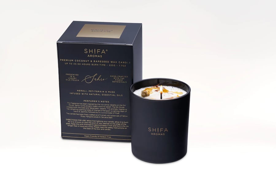 Shifa Aromas Silk Route Collection Sahro ilmkerti í svörtu glasi 30 cl