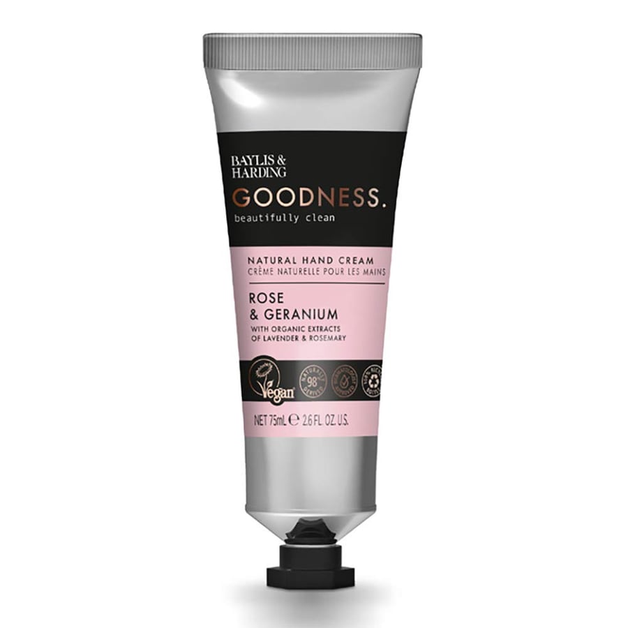 Baylis & Harding Goodness  collectionRose & Geranium luxury Hand Cream is packed to the brim with a 98% naturally derived formulation consisting of organic extracts and essential oils which each have their own wellbeing benefits.