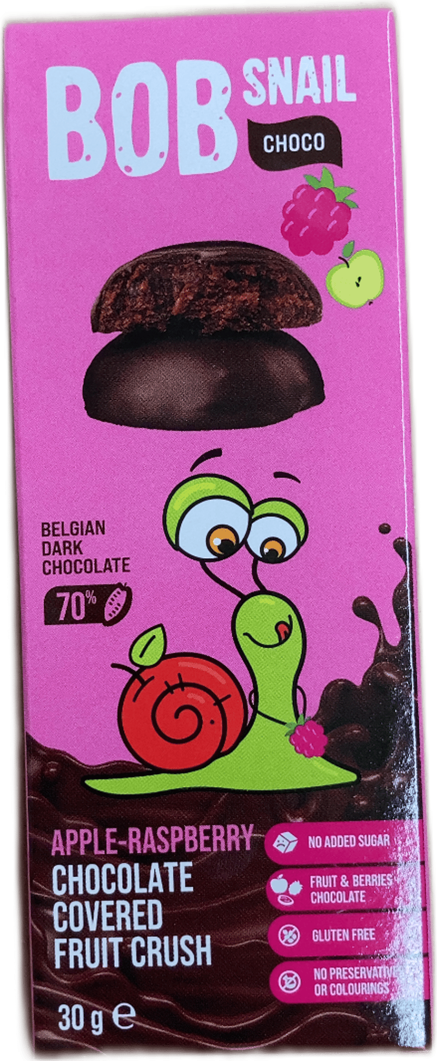 Bob Snail Choco epla- og hindberjaávaxtamauk í belgísku dökku súkkulaði 70% 30 g