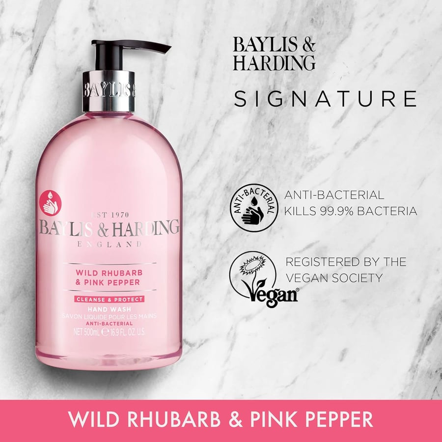 Baylis & Harding Viltur Rabbarbari og Bleikur Pipar Anti-Bacterial Hand Sápa, 500 ml