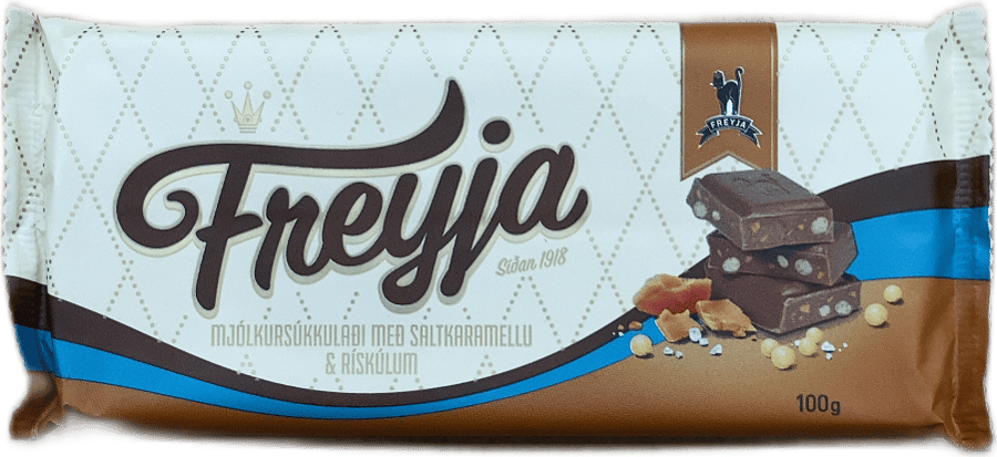 Freyja Mjólkursúkkulaði með saltkaramellu og rískúlum 100 g