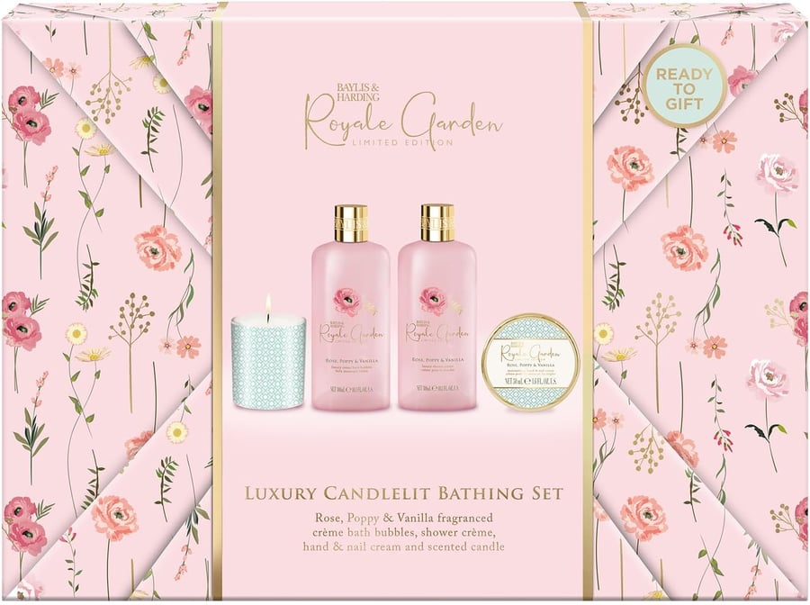 Baylis & Harding Royale Garden Rose, Poppy & Vanilla Gift Wrapped Candlelit Gjadasett