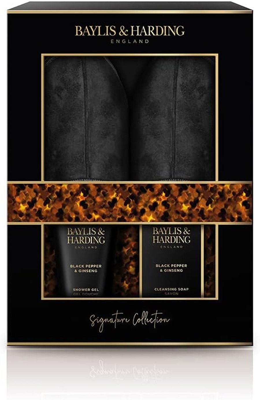 Baylis & Harding Signature Herra Gjafasett sem inniheldur Black Pepper & Ginseng  Sturtusápu 140 ml, 100 gr sápustykki & inniskór 40-44