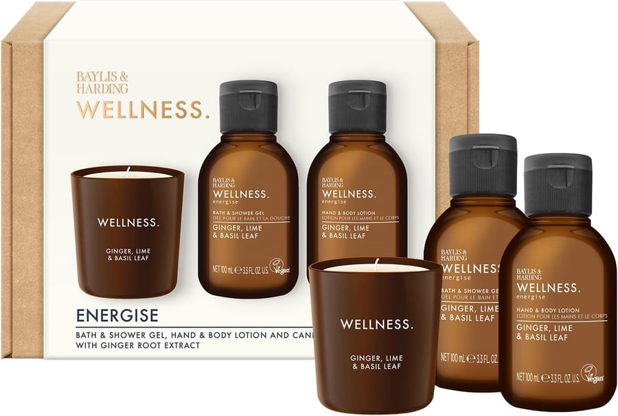 Baylis & Harding Wellness Herra Energize Gjafasett Ginger & Lime  Sturtusápu 100 ml, Body Lotion 10 ml og Ginger, Lime & Basil ilmkerti