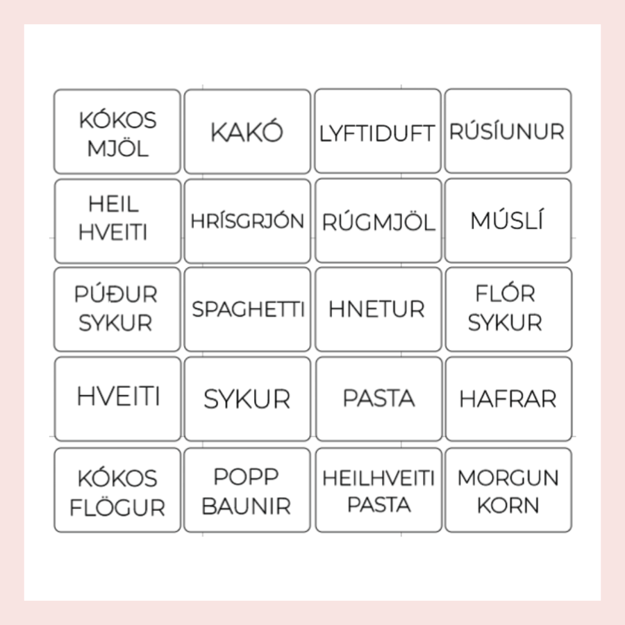Merkimiðar fyrir þurrvörur – Pakki