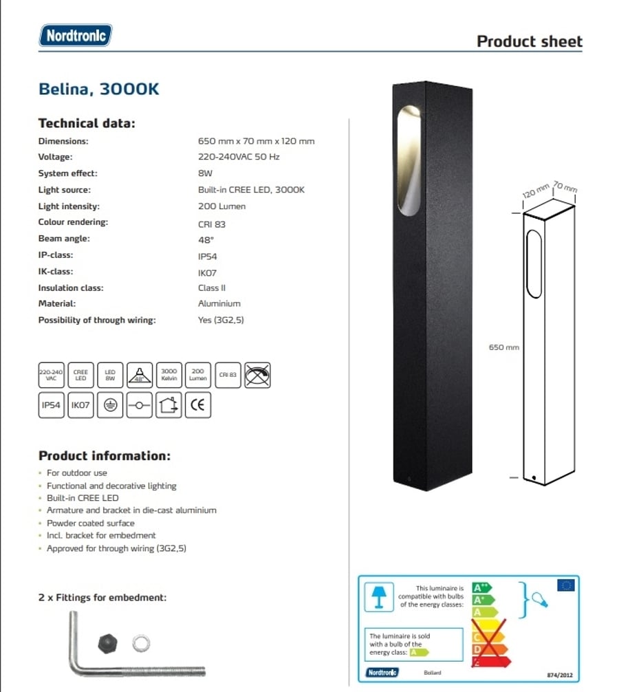 BELINA BOLLARD, 230VAC - 3000K