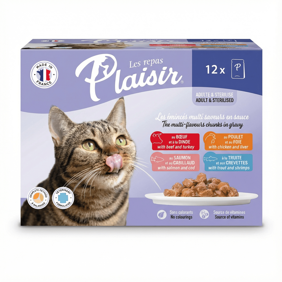 Plaisir Les Repas kattamatur fyrir fullorðna og geldketti, fjölbragða bitar í sósu, 1200 g
