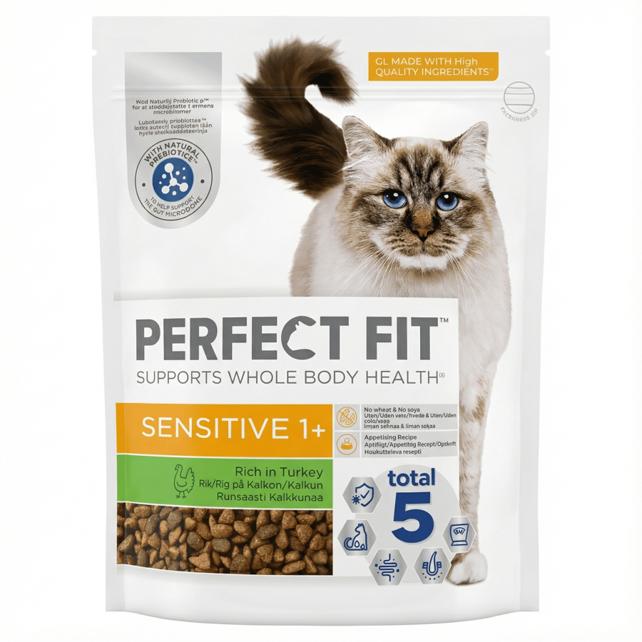 Perfect Fit Sensitive 1+ þurrfóður fyrir ketti, ríkt af kalkún