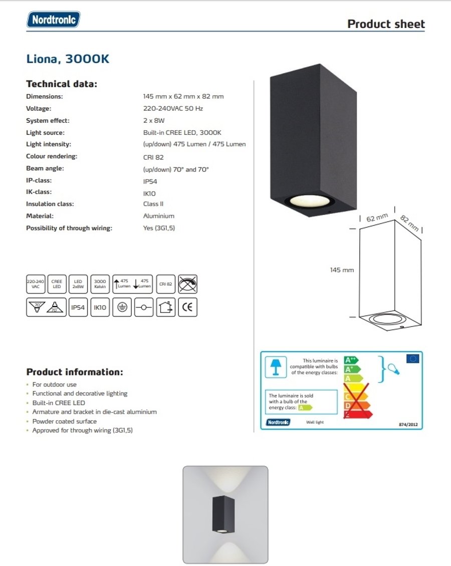 LIONA WALL LIGHT, 230VAC - 3000K