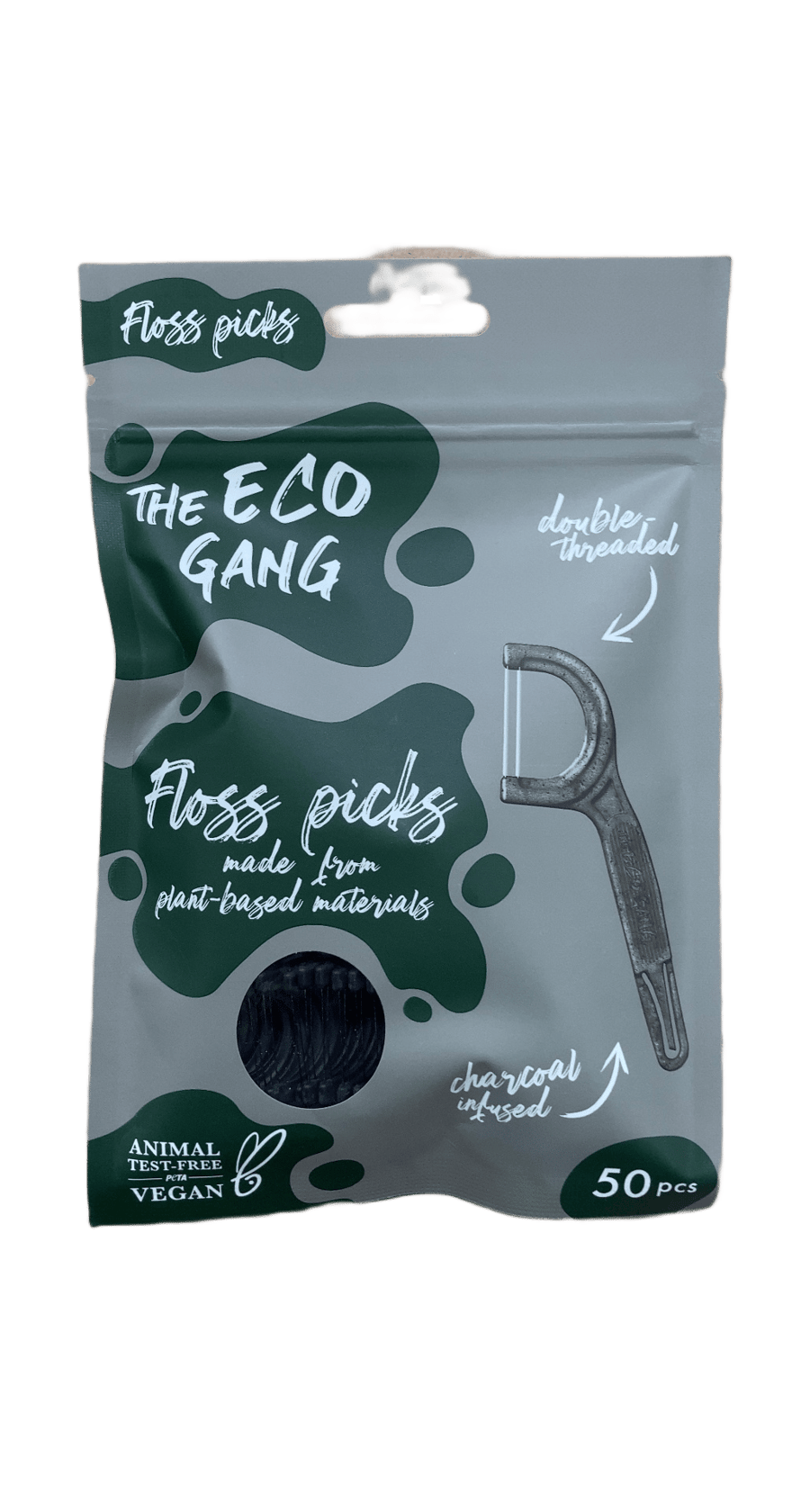 The Eco Gang plöntumiðaðir tannþráðapinnar með kolum, tvöfaldur þráður, 50 stk