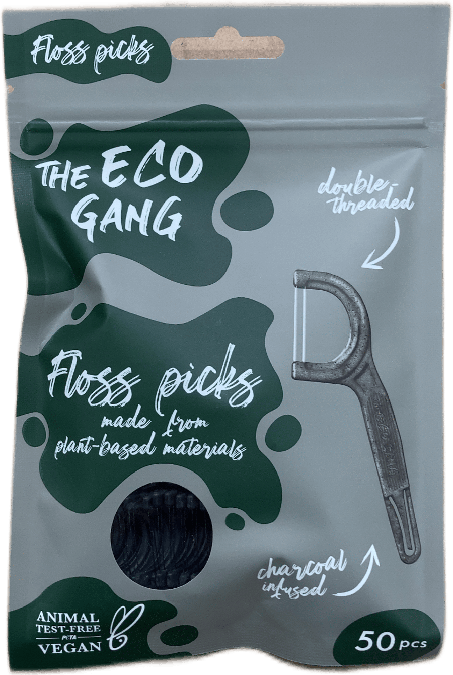 The Eco Gang plöntumiðaðir tannþráðapinnar með kolum, tvöfaldur þráður, 50 stk