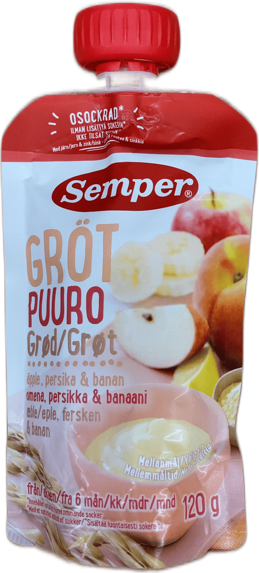 Semper hafragrautur með eplum, ferskjum og banönum 120 g