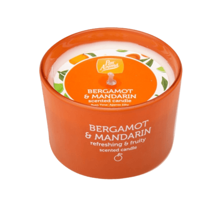 Pan Aroma Bergamot & Mandarin ilmkerti í fallegu glasi 23ja tíma brennslutími