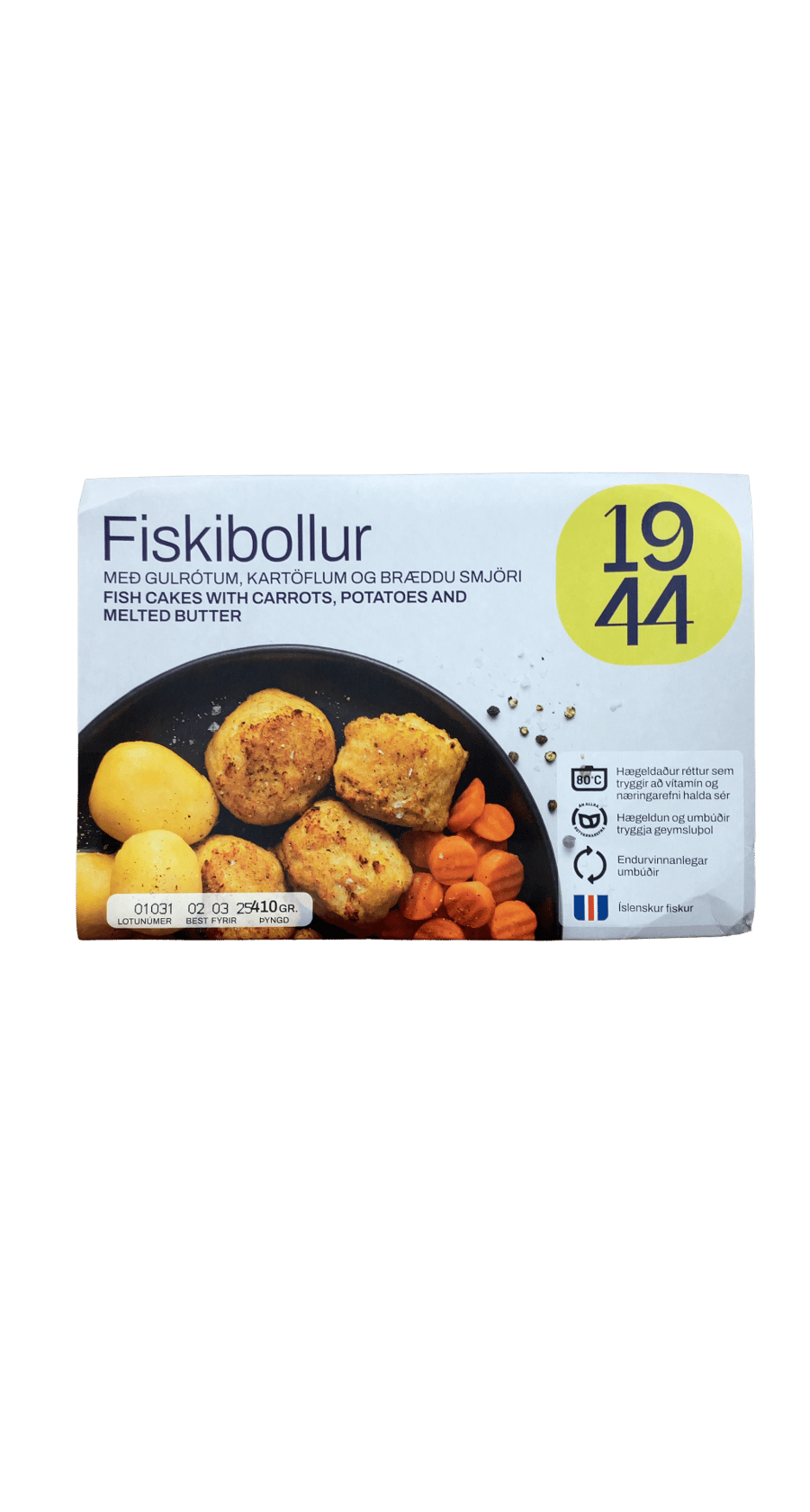 9144 Fiskibollur með gulrótum, kartöflum og bræddu smjöri 410 g